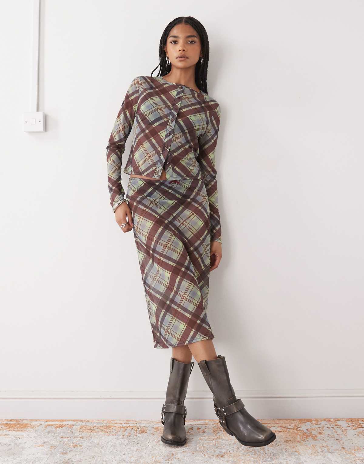COLLUSION sheer awkward length skirt in burgundy and lime check