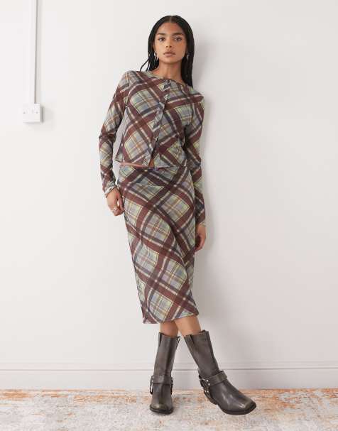 COLLUSION sheer awkward length skirt in burgundy and lime plaid - view 1