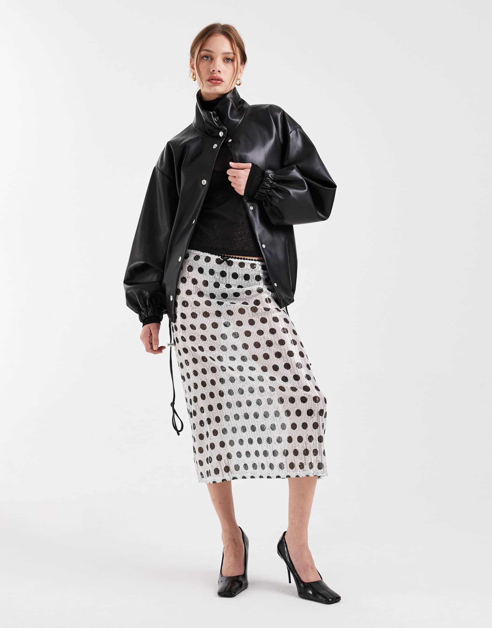 collusion sheer awkward length skirt in polka-dot sequins