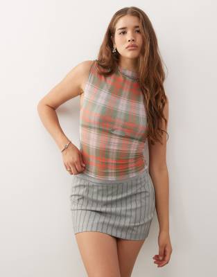 COLLUSION sheer check print mesh funnel neck top in multi - view 1