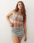 [Collusion] COLLUSION sheer check print mesh funnel neck top in multi-Green M MULTI
