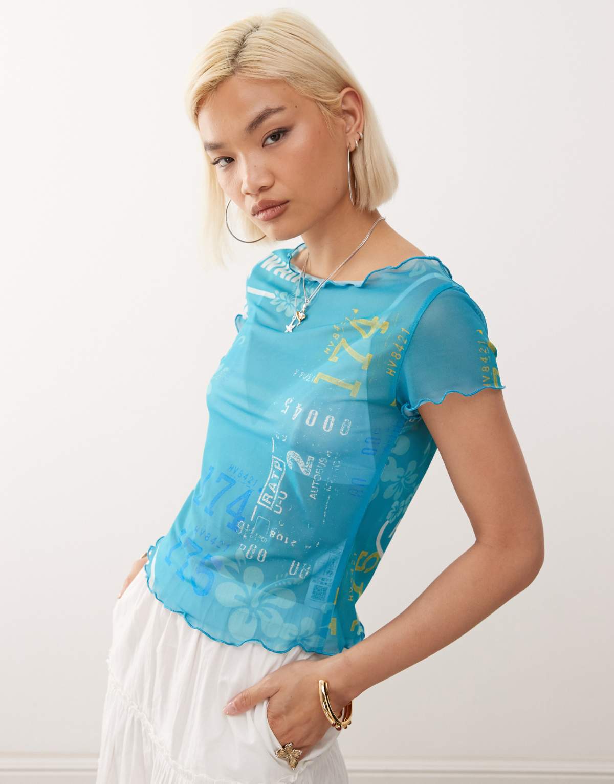 COLLUSION sheer hibiscus print mesh double layer top