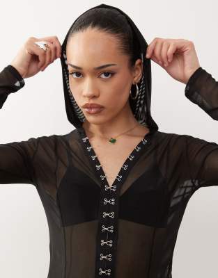 sheer hook and eye hooded top in black