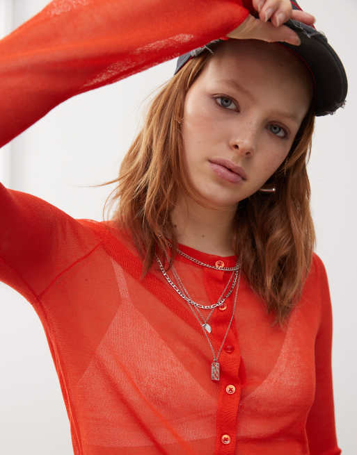 COLLUSION sheer knit cardi in red