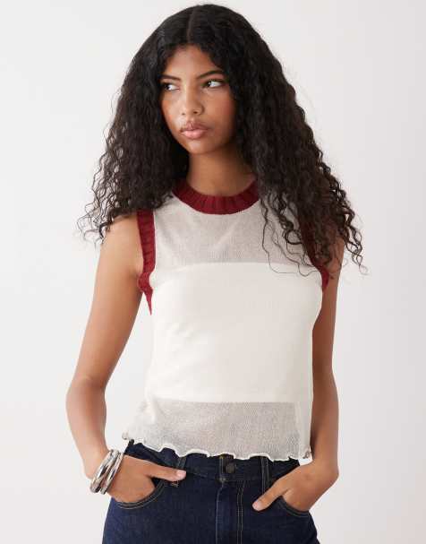 COLLUSION sheer knit contrast tank top in cream and red - view 1