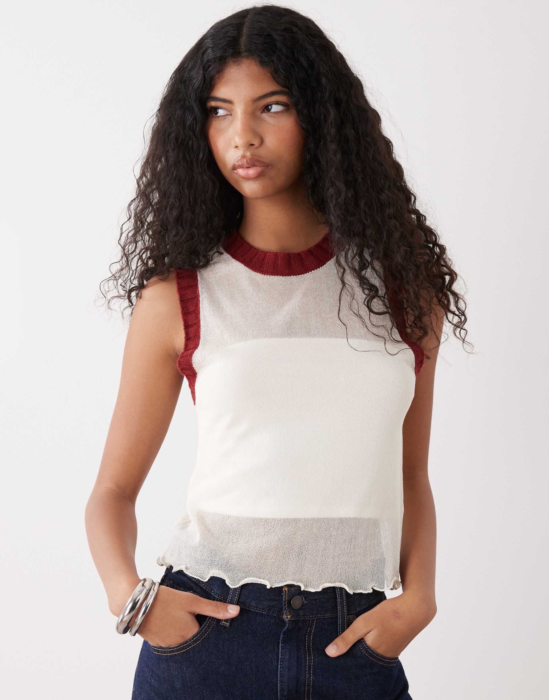 collusion sheer knit contrast tank top in cream and red