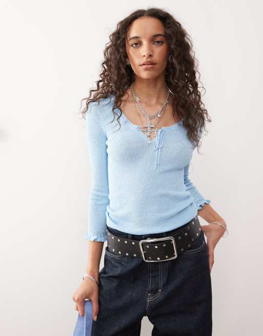 COLLUSION sheer knit long sleeve festival top in baby blue