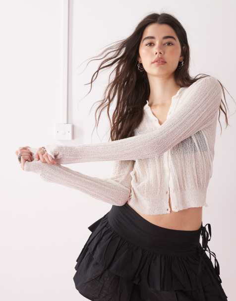 COLLUSION sheer knitted cardi in cream - view 1