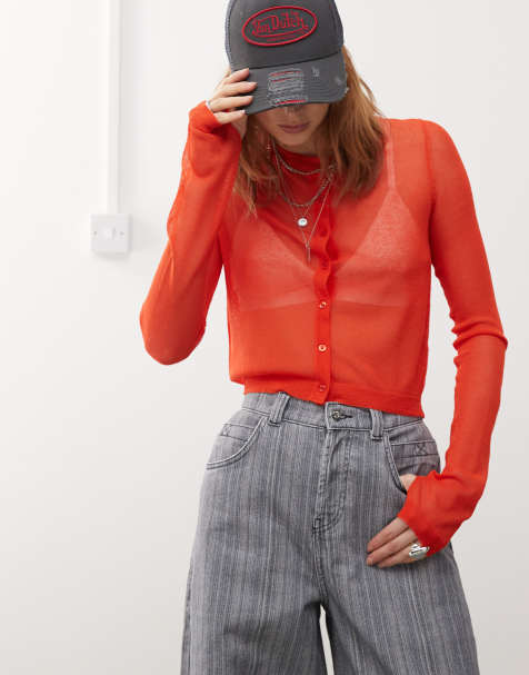 COLLUSION sheer knitted cardi in red - view 1