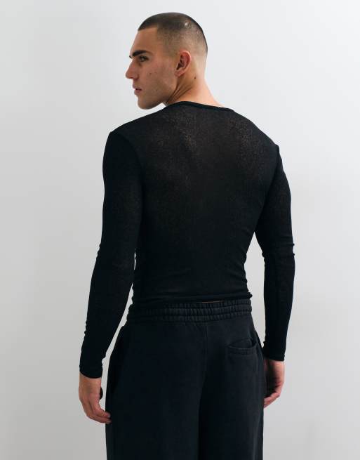 COLLUSION sheer long sleeve fitted t-shirt in black, 4 of 5