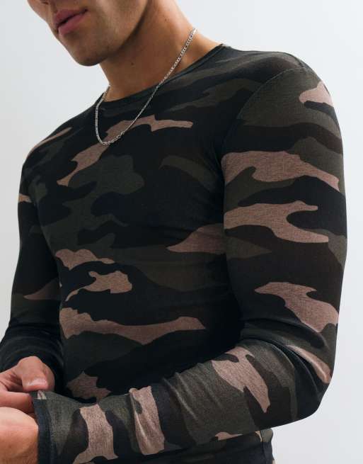 COLLUSION sheer long sleeve fitted t-shirt in camo, 3 of 5