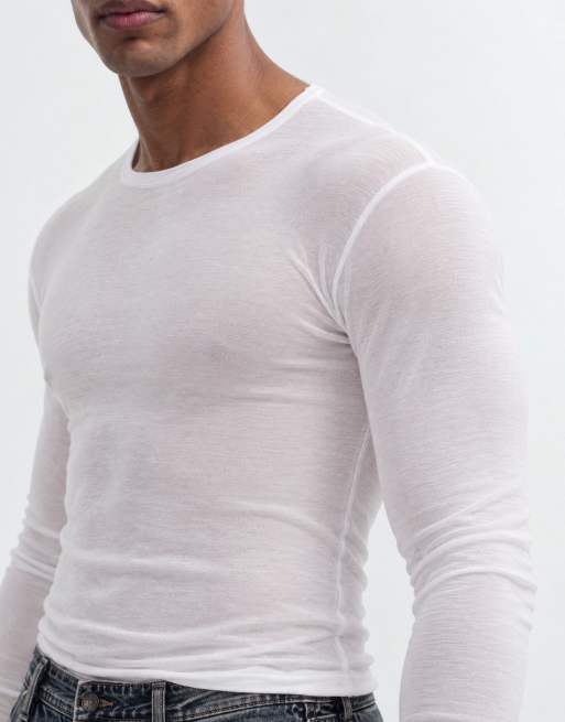 COLLUSION sheer long sleeve fitted t-shirt in white, 9 of 10