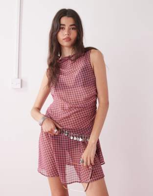 sheer mini dress in sheer pink and black acid gingham