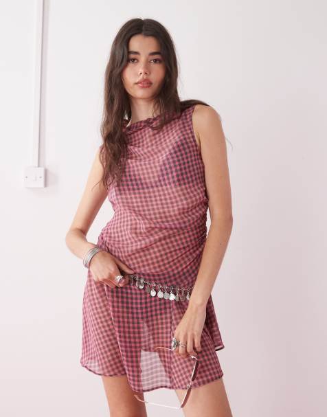 COLLUSION sheer mini dress in sheer pink and black acid gingham - view 1