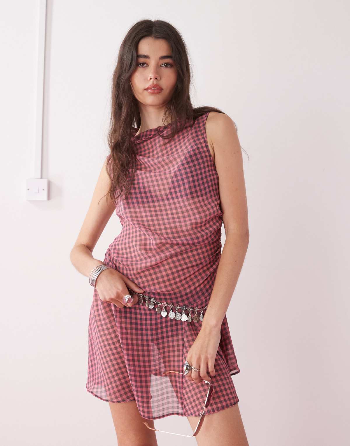 COLLUSION sheer mini dress in sheer pink and black acid gingham