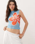 [Collusion] COLLUSION sheer placement print mesh funnel neck top-Blue S BLUE