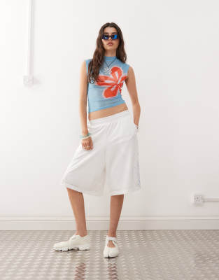 Collusion Sheer Placement Print Mesh Funnel Neck Top-blue