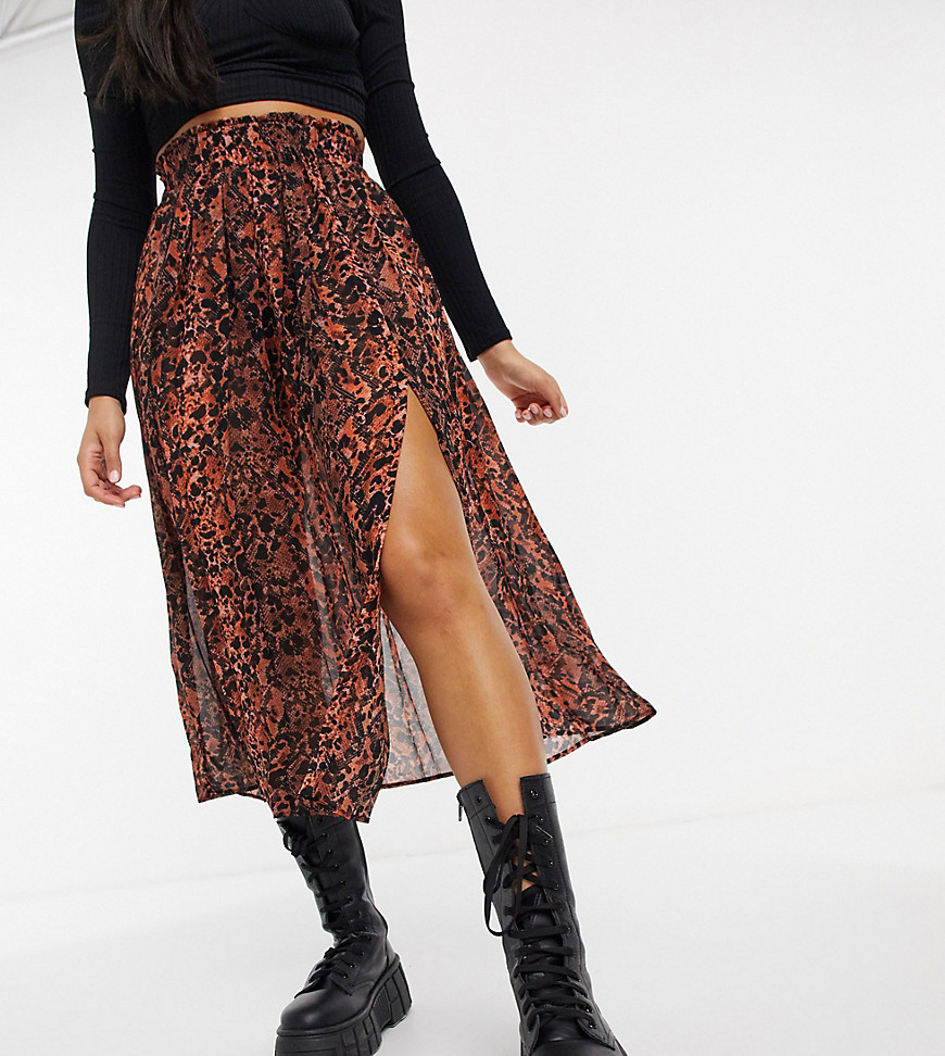COLLUSION sheer pleated midi skirt with slit in snake print-Brown
