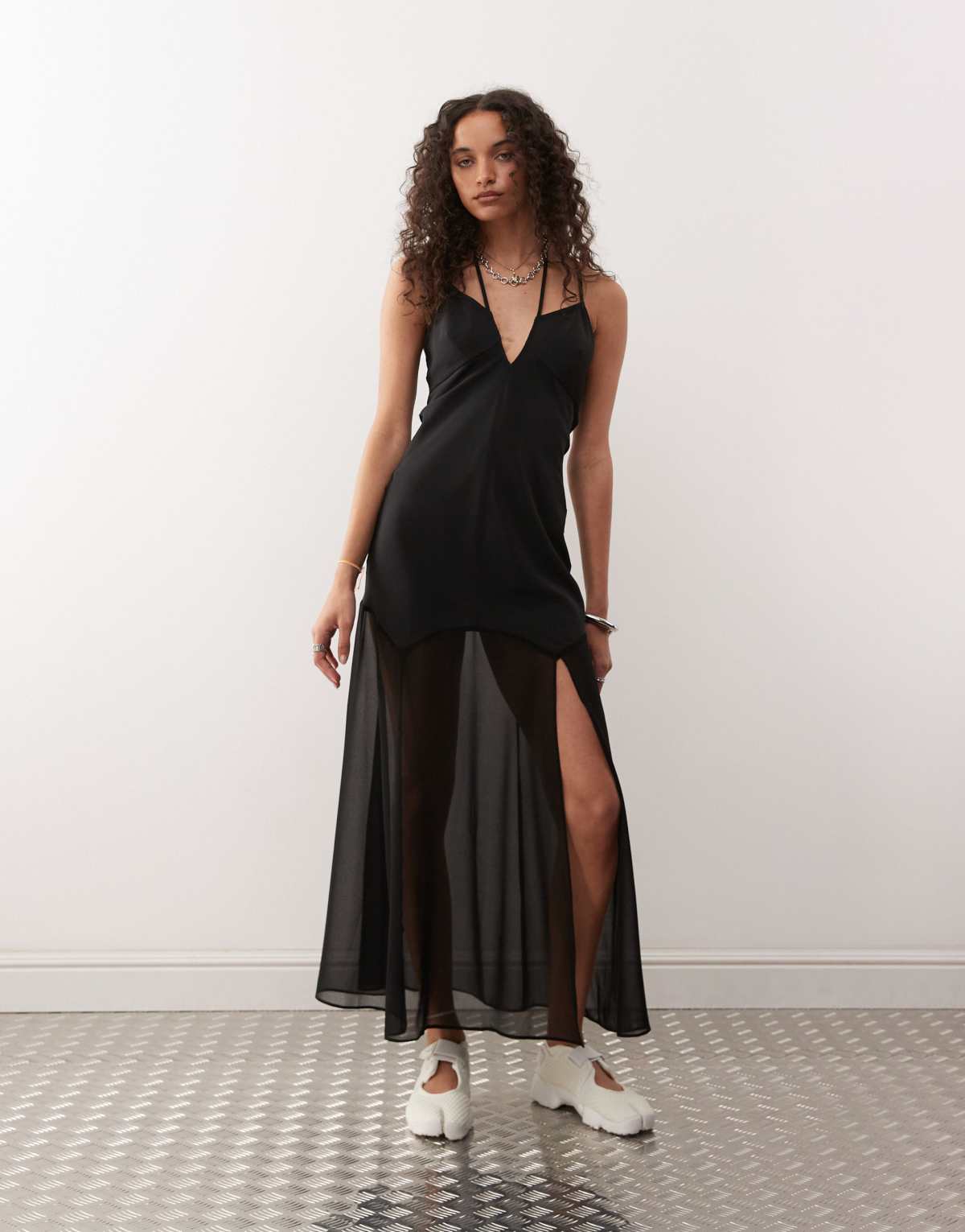 COLLUSION sheer & solid maxi dress in black