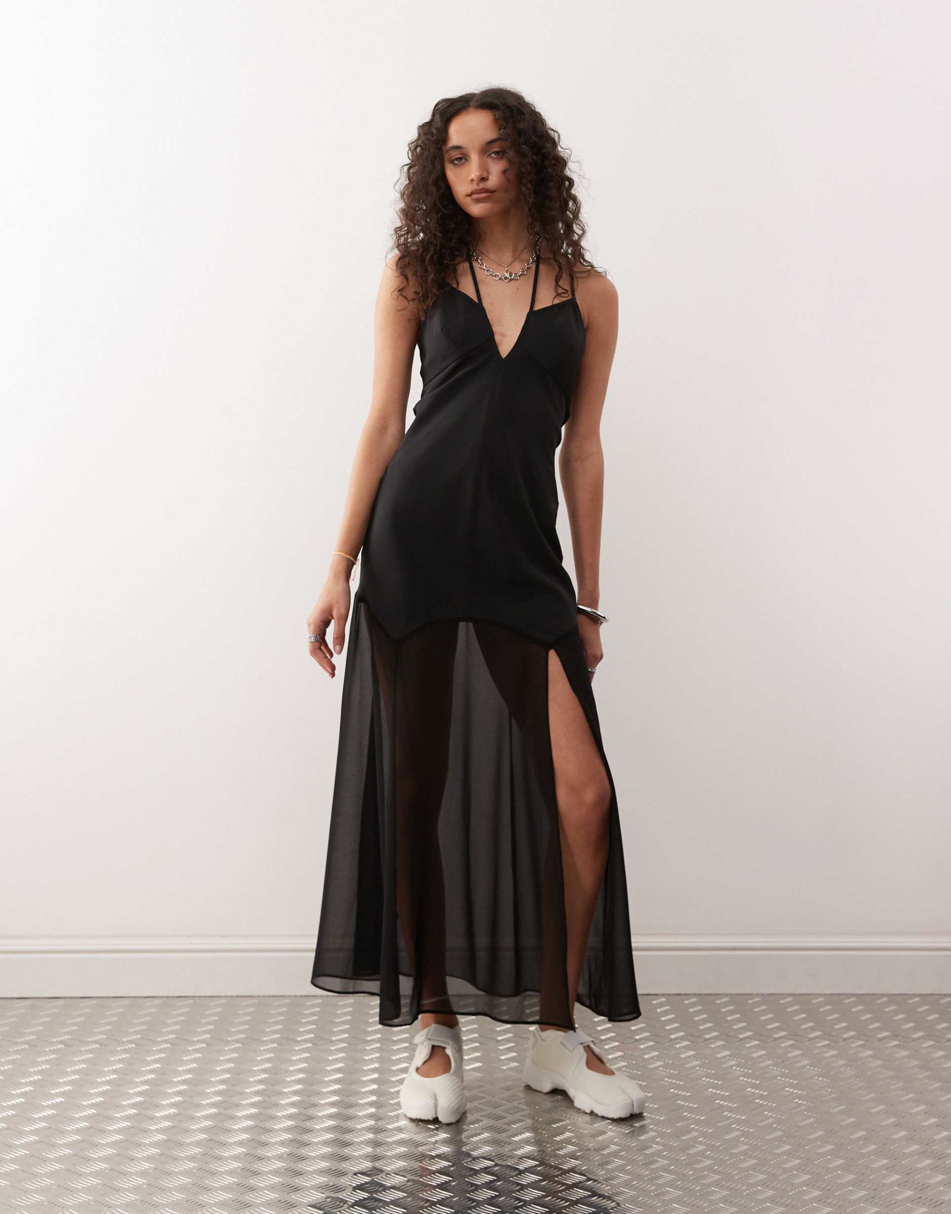 collusion sheer & solid maxi dress in black