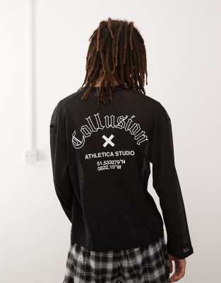 COLLUSION sheer textured boxy skater fit long sleeve printed t-shirt with print in black - view 1