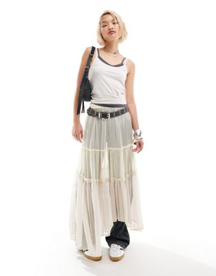 sheer tiered maxi skirt in off white ombre