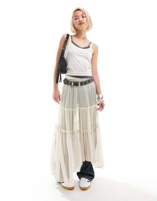 Collusion Sheer Tiered Maxi Skirt In Off White Ombre