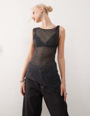 shimmer knit asymmetric top in charcoal-Gray