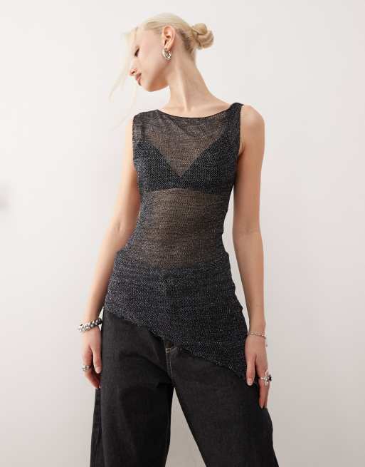 COLLUSION shimmer knit asymmetric top in charcoal