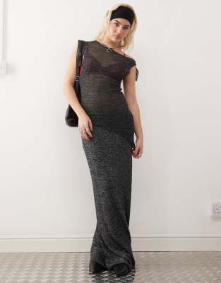 shimmer knit maxi skirt in charcoal-Gray