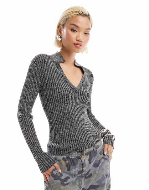 COLLUSION shimmer knitted v neck collar top in black - view 1