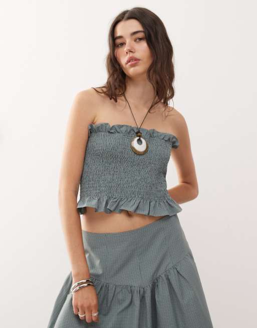 COLLUSION shirred bandeau top in green plaid - part of a set