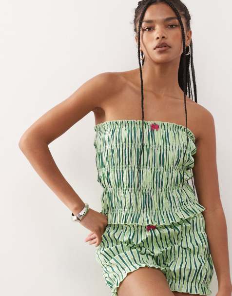 COLLUSION shirred bandeau top in green stripe - part of a set - view 1