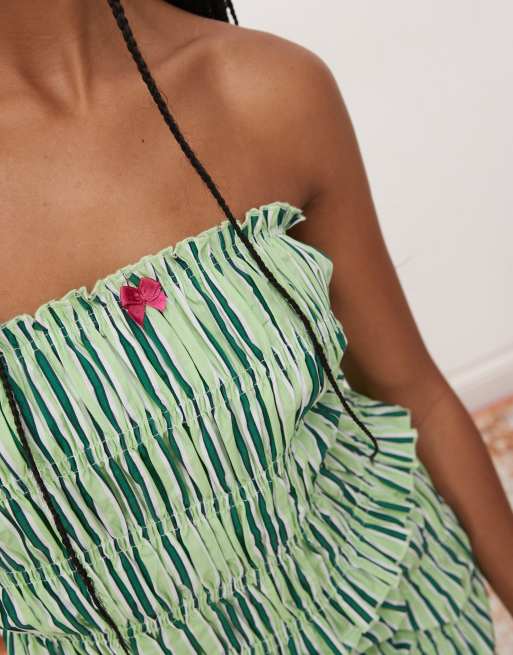 COLLUSION shirred bandeau top in green stripe - part of a set, 4 of 4