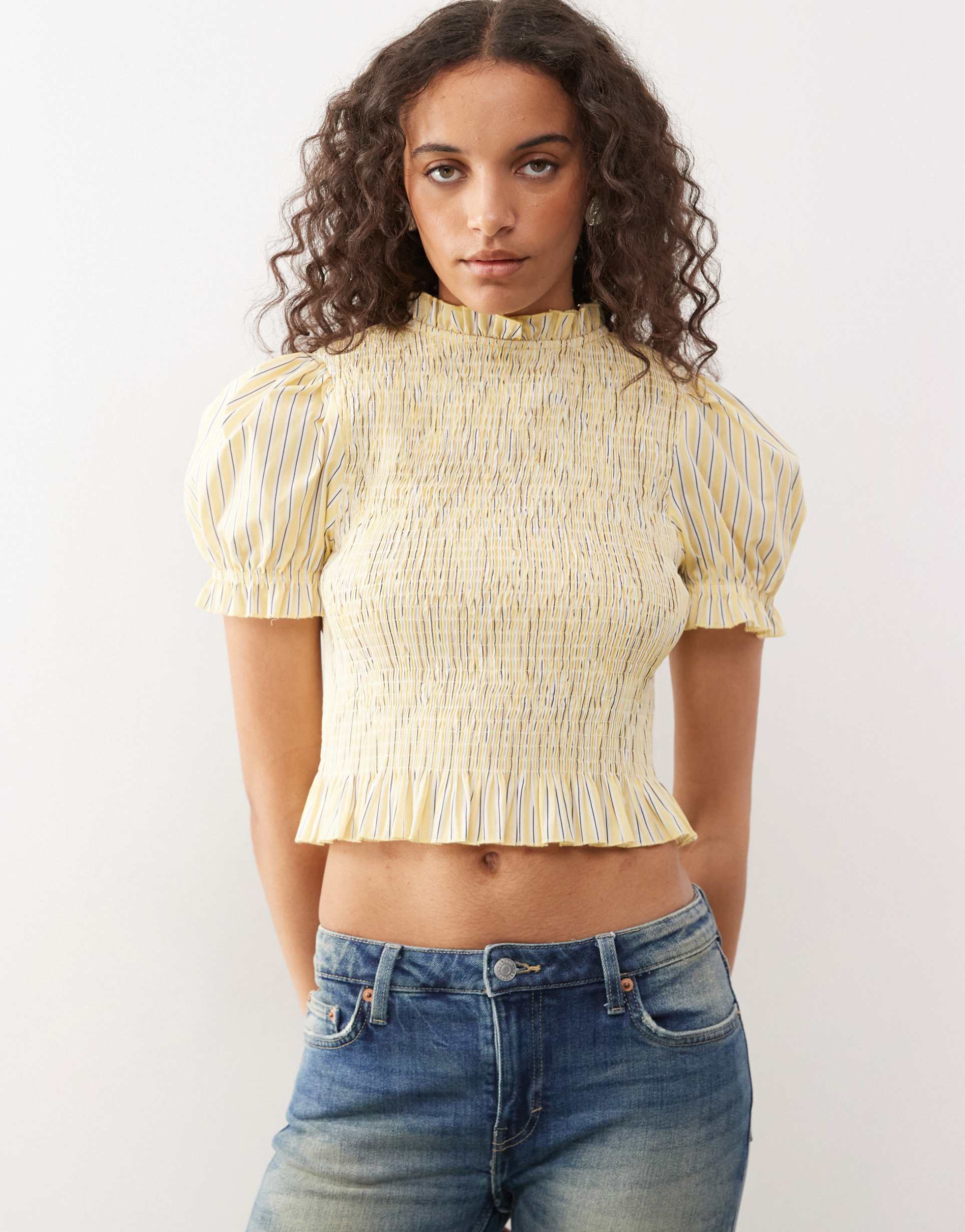 collusion shirred blouse in buttermilk and brown stripe