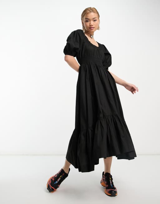 Collusion Shirred Bodice Maxi Smock Dress In Black Asos 