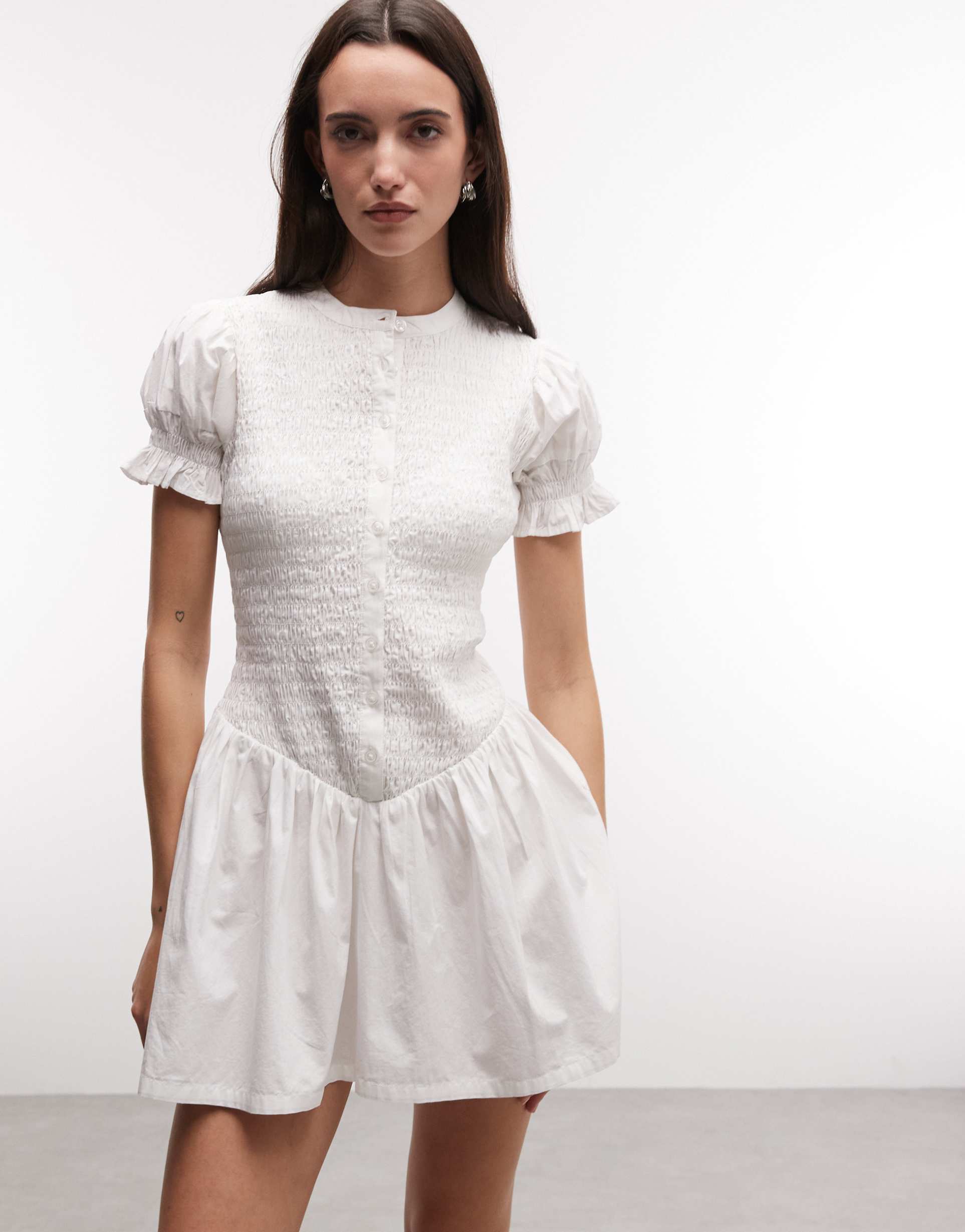 collusion shirred button mini shirt dress in white