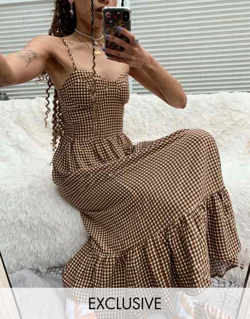 COLLUSION shirred cami midi dress in brown gingham