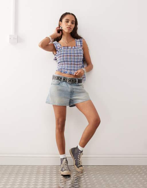 COLLUSION shirred cami top in blue plaid, 3 of 4