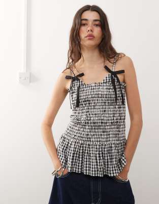 COLLUSION shirred cami top with bow details in black and white gingham - view 1