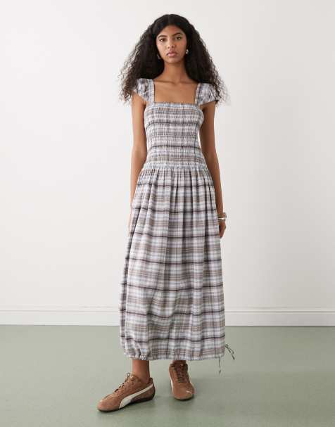 COLLUSION shirred cap sleeve midi dress in gray plaid - view 1
