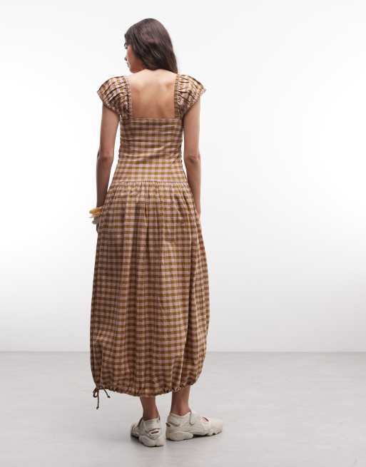 COLLUSION shirred cap sleeve midi dress in textured green check, 3 of 4