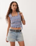 [Collusion] COLLUSION shirred check cami top in blue check 8 Blue check