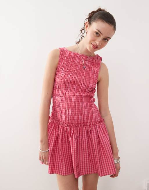 COLLUSION shirred drop waist mini dress in pink check