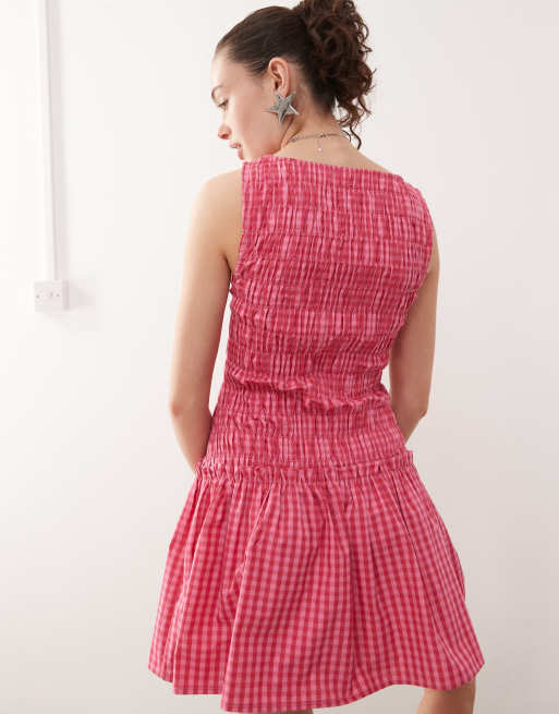 COLLUSION shirred drop waist mini dress in pink check