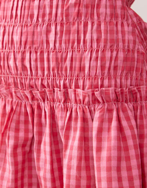 COLLUSION shirred drop waist mini dress in pink check