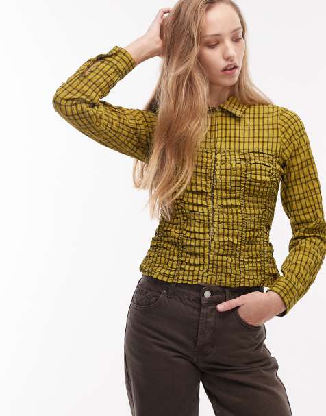 COLLUSION shirred fitted shirt in green check - view 1