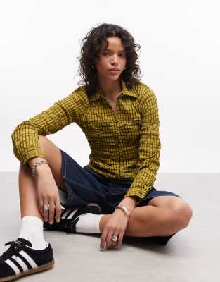 Collusion Shirred Fitted Shirt In Yellow