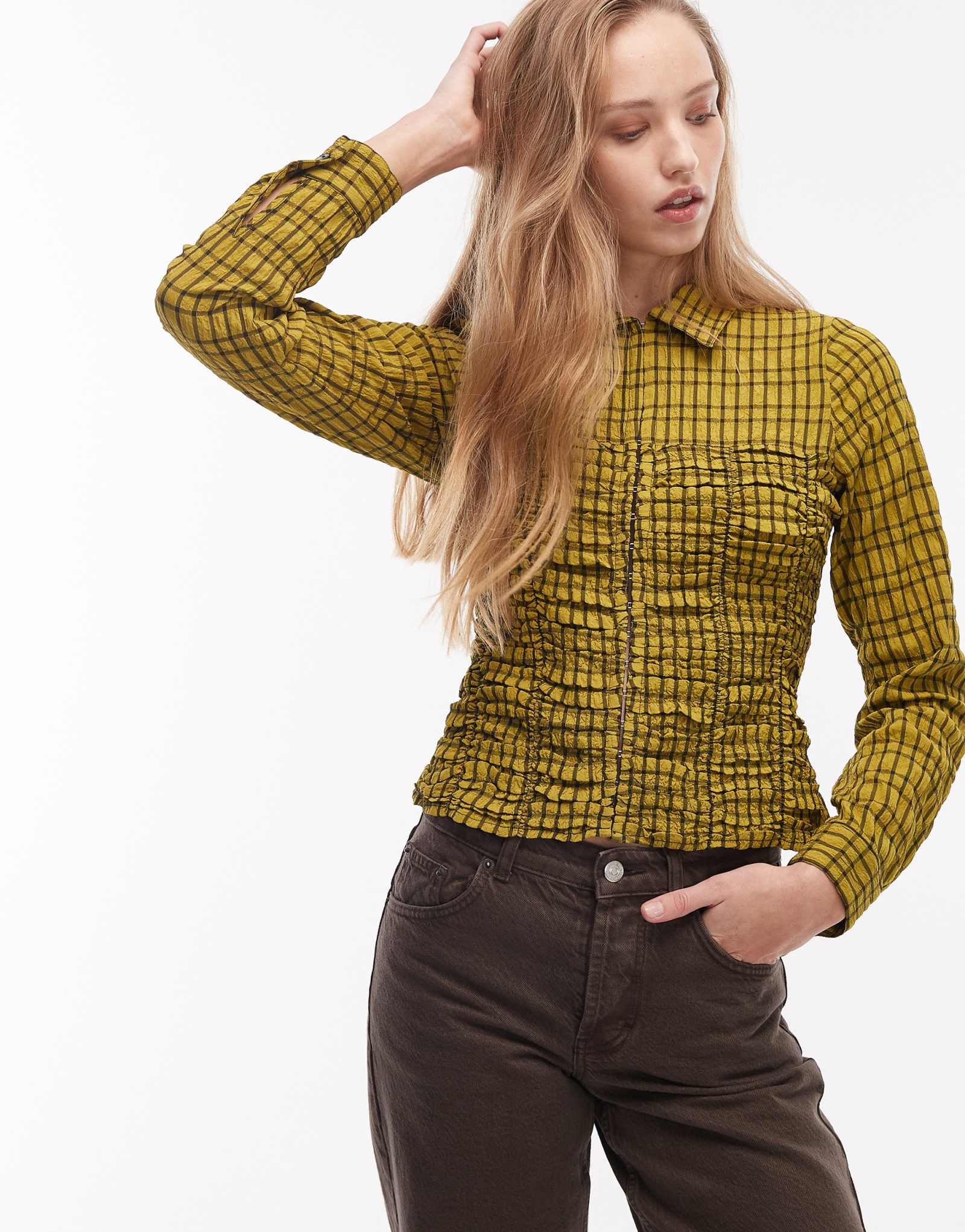 Приталенная рубашка в складку COLLUSION в зеленую клетку