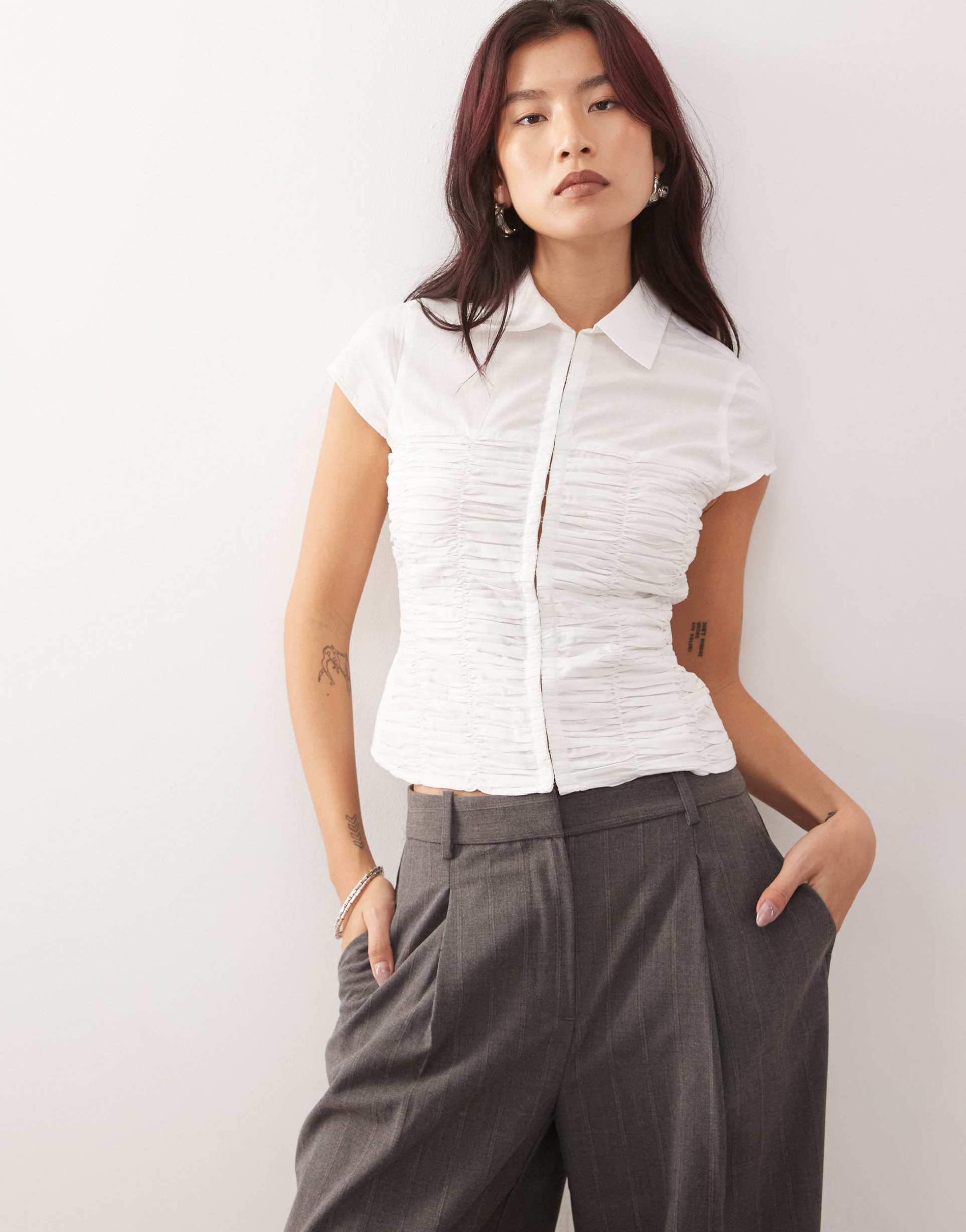 collusion shirred fitted shirt in white